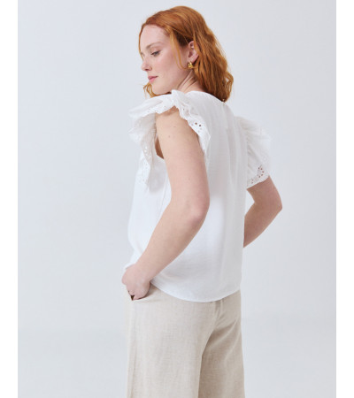 BLUSA BLANCA CON MANGAS DE VOLANTES Y HOJALILLO | MULAYA