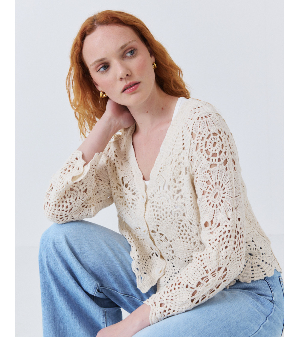 CÁRDIGAN DE ALGODÓN EN CROCHET CON CUELLO V | MULAYA