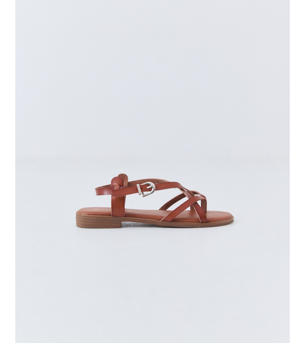 Sandalia Plana de Tiras Efecto Piel Marrón | MULAYA