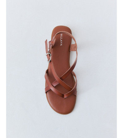 Sandalia Plana de Tiras Efecto Piel Marrón | MULAYA