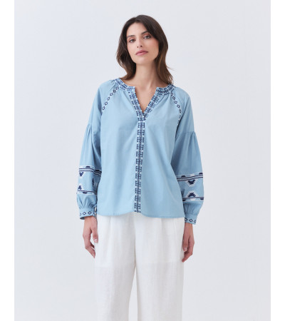 Blusa de Algodón con Bordados y Manga Globo | MULAYA