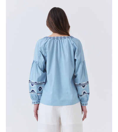 Blusa de Algodón con Bordados y Manga Globo | MULAYA