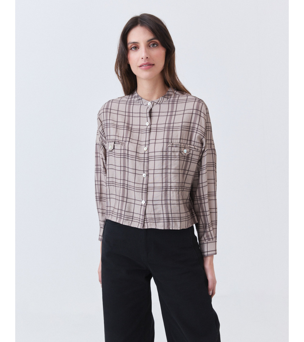Camisa Crop de Cuadros con Cuello Mao | MULAYA