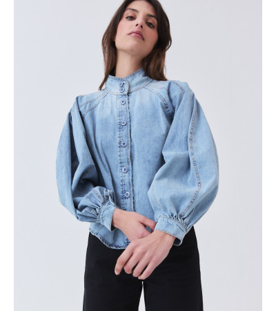 Camisa Denim Cuello Alto y Manga Globo | MULAYA