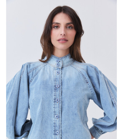 Camisa Denim Cuello Alto y Manga Globo | MULAYA