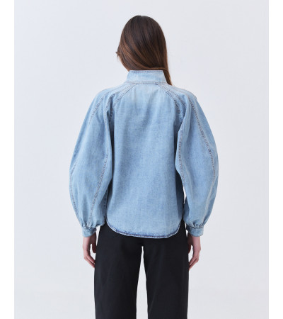 Camisa Denim Cuello Alto y Manga Globo | MULAYA