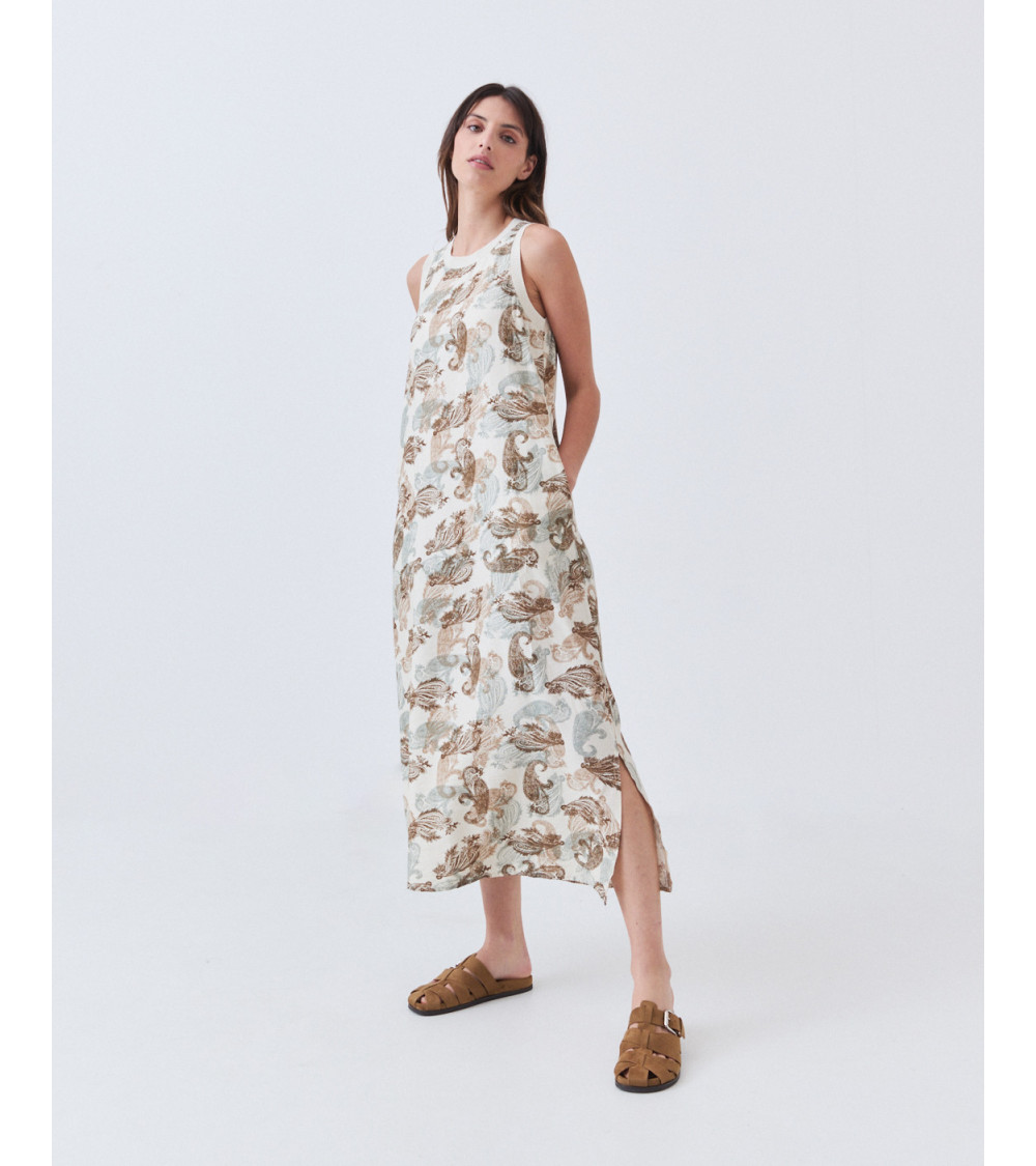 Vestido Largo con Estampado de Cachemir y Rib | MULAYA