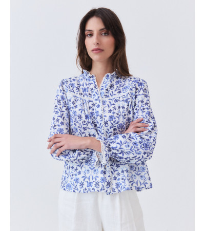 Camisa de Cuello Mao con Encaje y Volantes | MULAYA