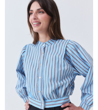 CAMISA CROP DE RAYAS CON CUELLO MAO Y MANGA GLOBO | MULAYA