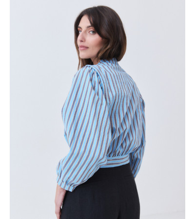 CAMISA CROP DE RAYAS CON CUELLO MAO Y MANGA GLOBO | MULAYA