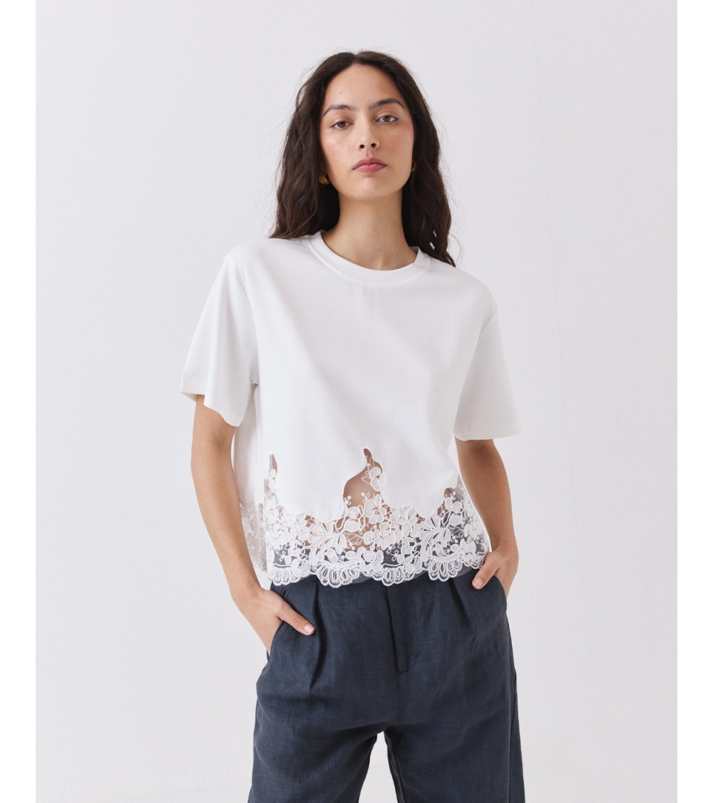 Camiseta de Algodón con Bajo de Encaje | MULAYA