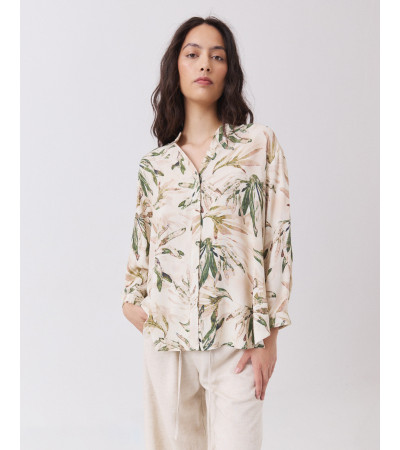 Camisa Estampada con Cuello Mao y Escote Pico | MULAYA