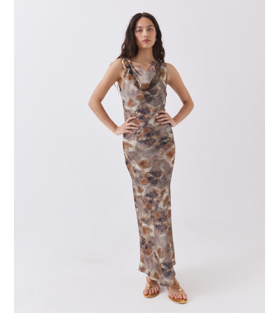 Vestido Largo Estampado con Aplique Dorado | MULAYA