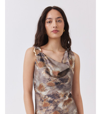 Vestido Largo Estampado con Aplique Dorado | MULAYA