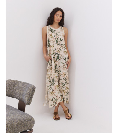 Vestido Largo Estampado de Silueta Recta y Rib | MULAYA