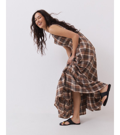 Vestido Largo de Cuadros con Cinturón y Volante | MULAYA