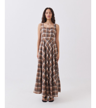 Vestido Largo de Cuadros con Cinturón y Volante | MULAYA