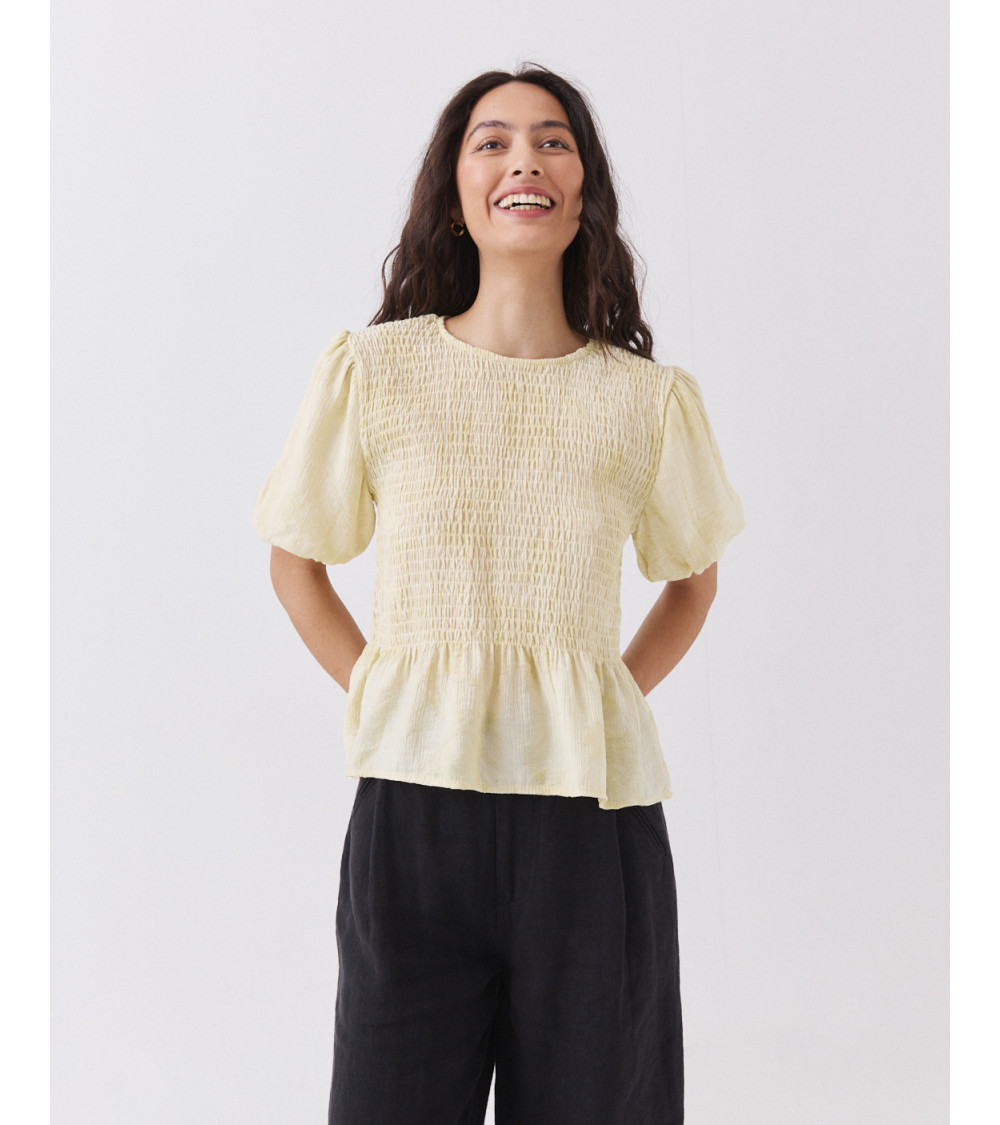 Blusa de Nido de Abeja con Mangas Globo y Volante | MULAYA