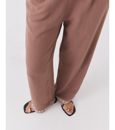 Pantalón Wide Leg con Bordado en el Bajo y Cintura Elástica | MULAYA