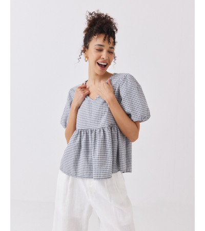 BLUSA DE CUADROS CON MANGA GLOBO Y ESCOTE EN V | MULAYA