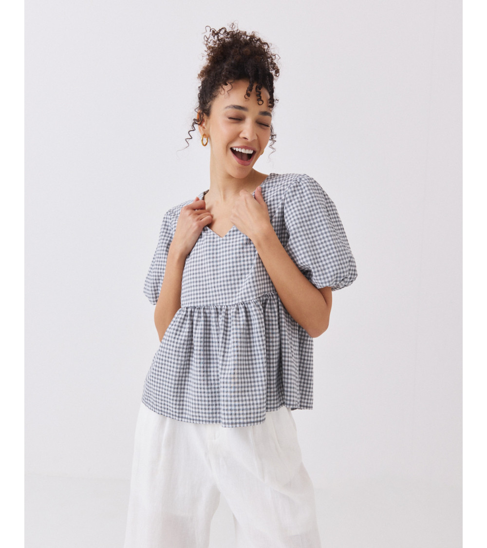 BLUSA DE CUADROS CON MANGA GLOBO Y ESCOTE EN V | MULAYA