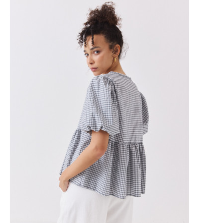 BLUSA DE CUADROS CON MANGA GLOBO Y ESCOTE EN V | MULAYA