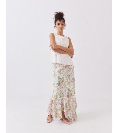 FALDA MIDI DE SATÉN CON VOLANTE Y CINTURA ELÁSTICA | MULAYA