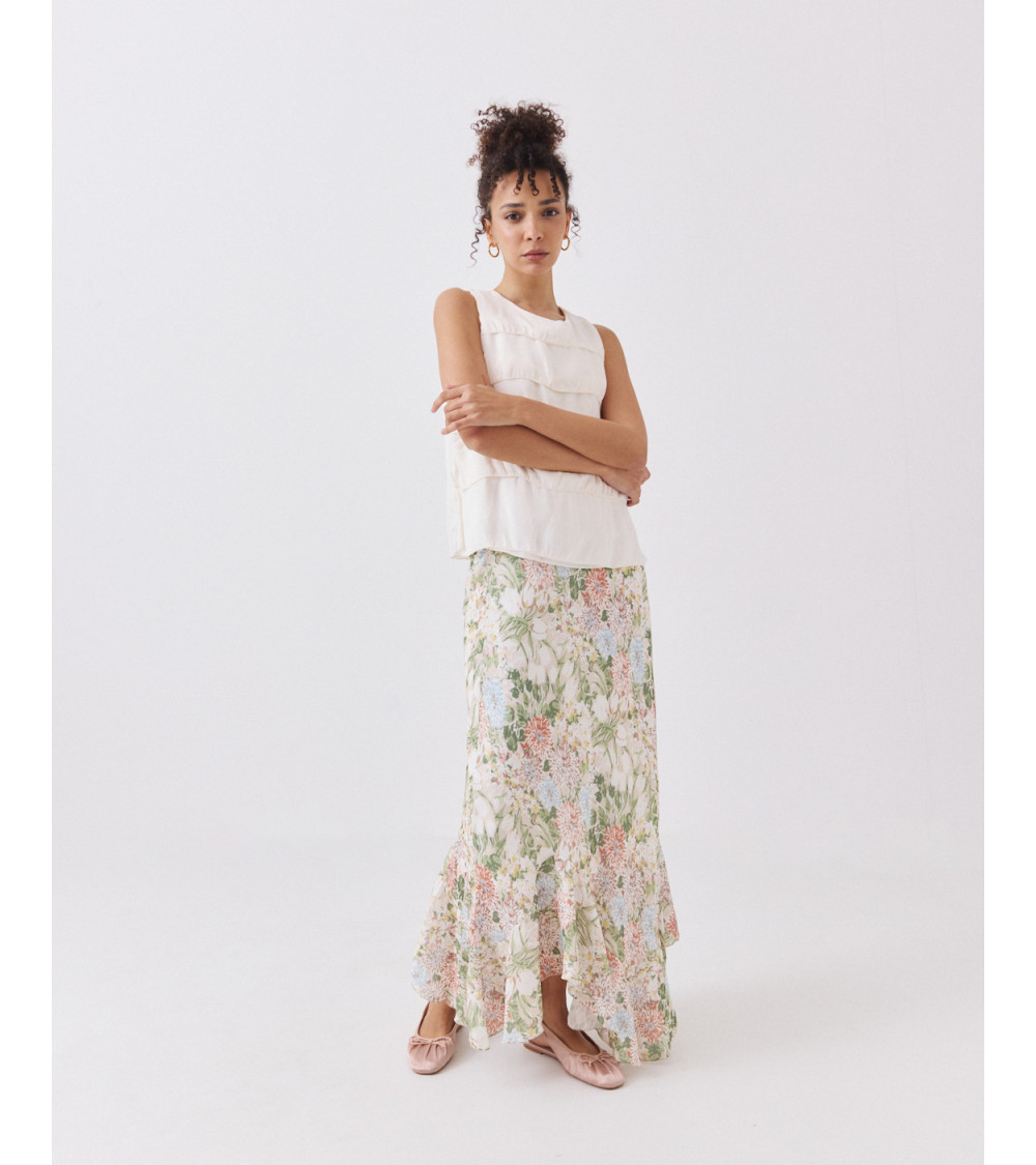 FALDA MIDI DE SATÉN CON VOLANTE Y CINTURA ELÁSTICA | MULAYA