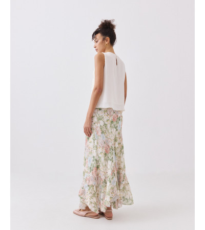 FALDA MIDI DE SATÉN CON VOLANTE Y CINTURA ELÁSTICA | MULAYA