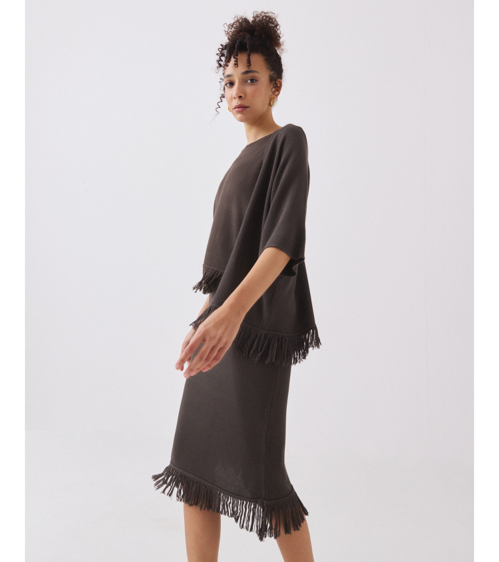 CHAQUETA DE PUNTO CON MANGA TRES CUARTOS Y FLECOS | MULAYA