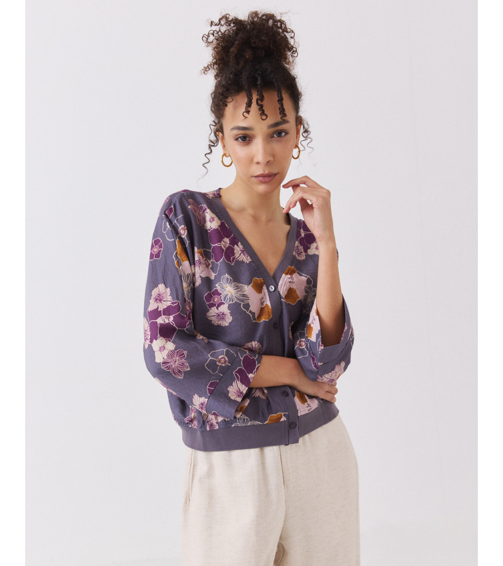 Chaqueta Estampada con Cuello V y Manga Murciélago | MULAYA