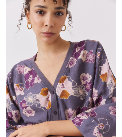 Chaqueta Estampada con Cuello V y Manga Murciélago | MULAYA