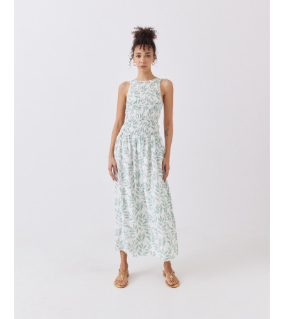 VESTIDO MIDI FRUNCIDO CON ESTAMPADO Y VOLANTE | MULAYA