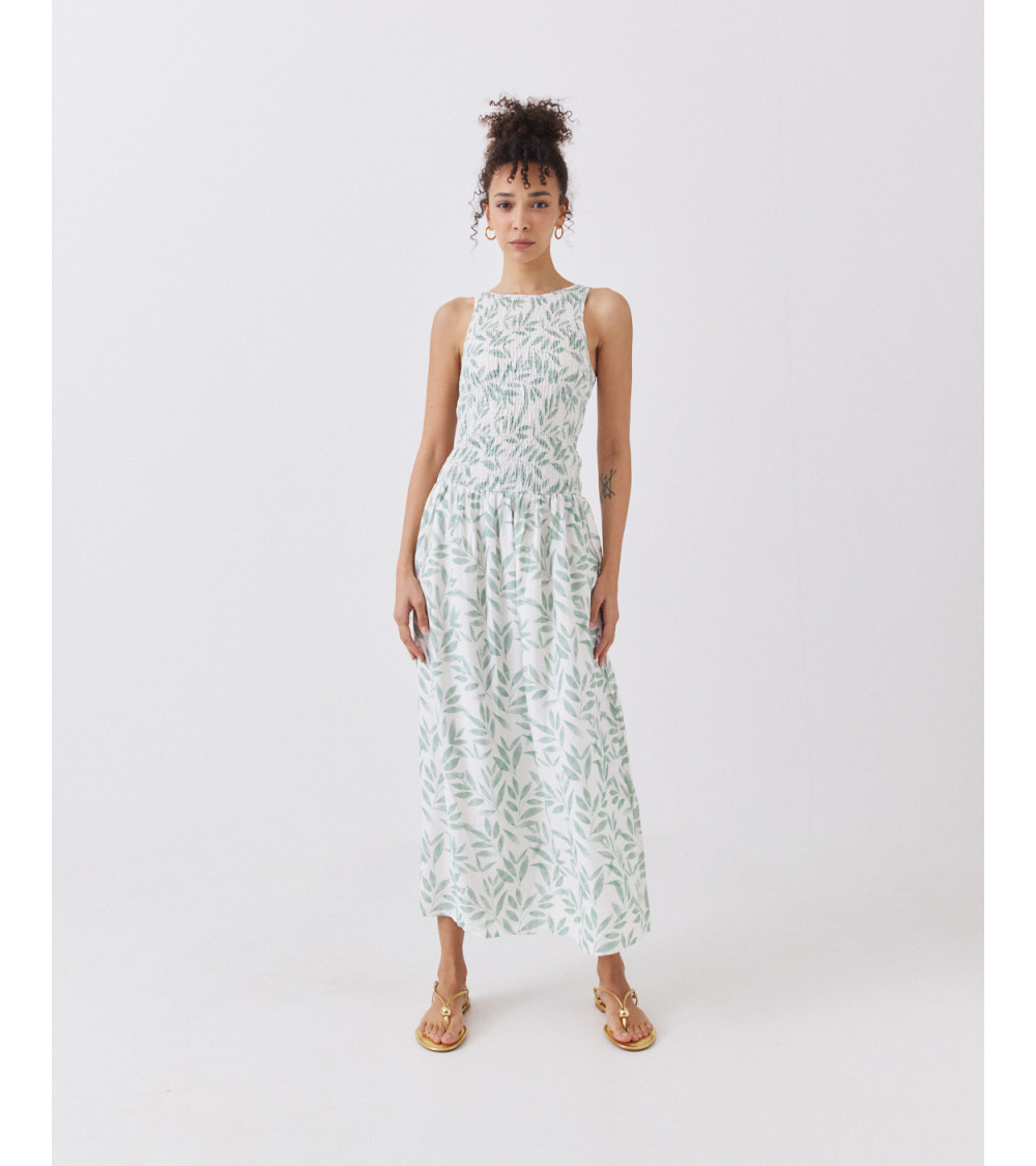 VESTIDO MIDI FRUNCIDO CON ESTAMPADO Y VOLANTE | MULAYA