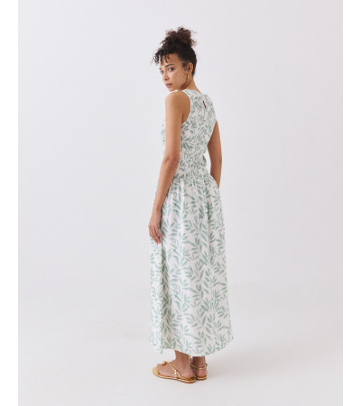 VESTIDO MIDI FRUNCIDO CON ESTAMPADO Y VOLANTE | MULAYA