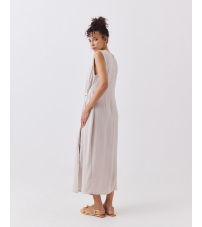 VESTIDO LARGO CON APLIQUE DORADO Y FRUNCIDO | MULAYA