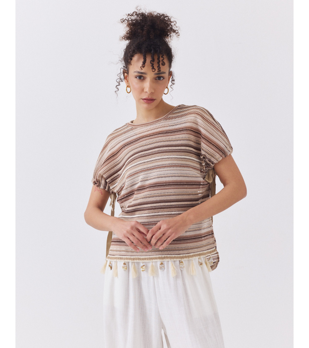 BLUSA TEJIDA DE RAYAS CON FLECOS Y ABALORIOS | MULAYA