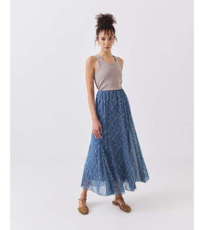 FALDA MIDI SEMITRANSPARENTE ESTAMPADA CON CINTURA ELÁSTICA | MULAYA