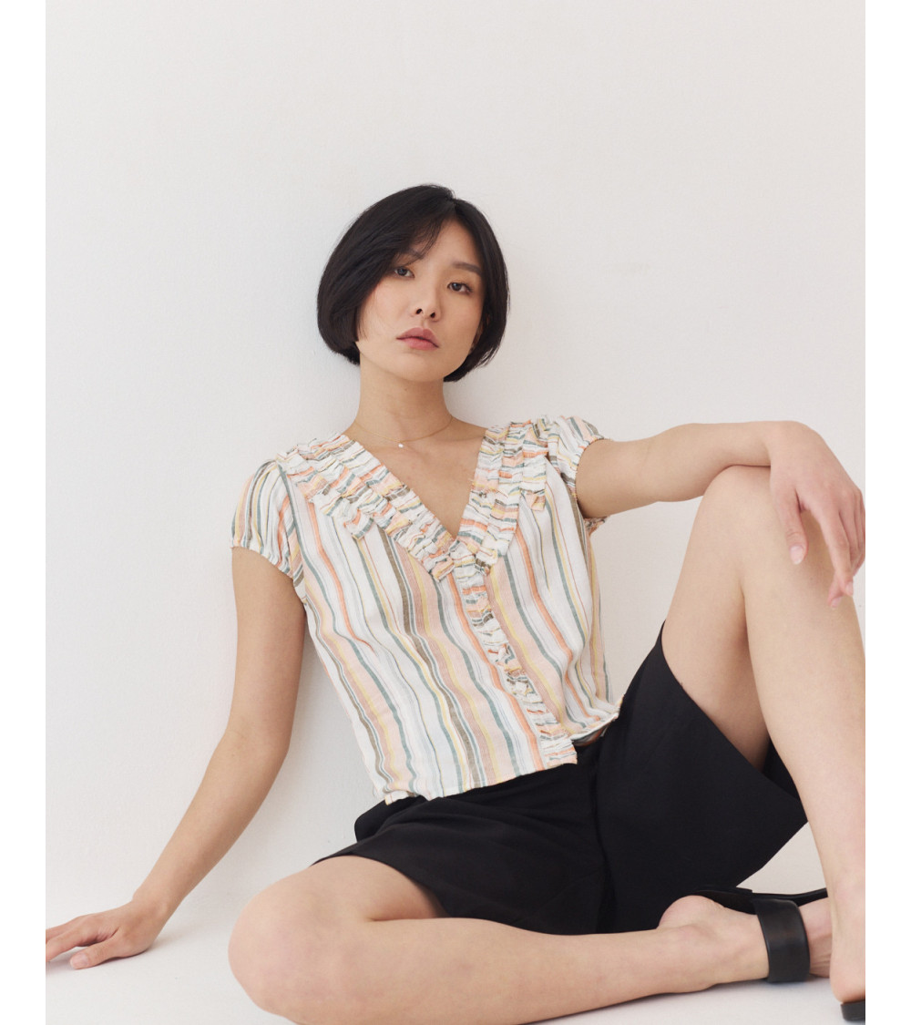 BLUSA DE RAYAS CON FRUNCES EN ALGODÓN Y LINO | MULAYA