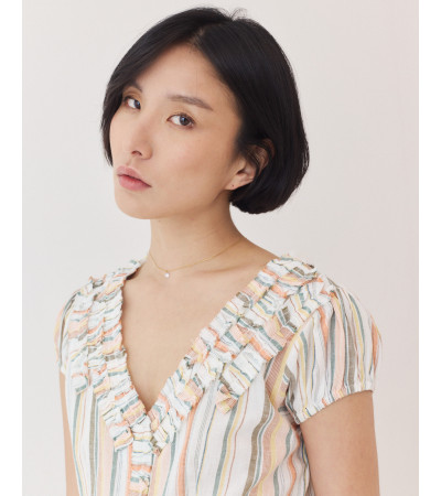 BLUSA DE RAYAS CON FRUNCES EN ALGODÓN Y LINO | MULAYA