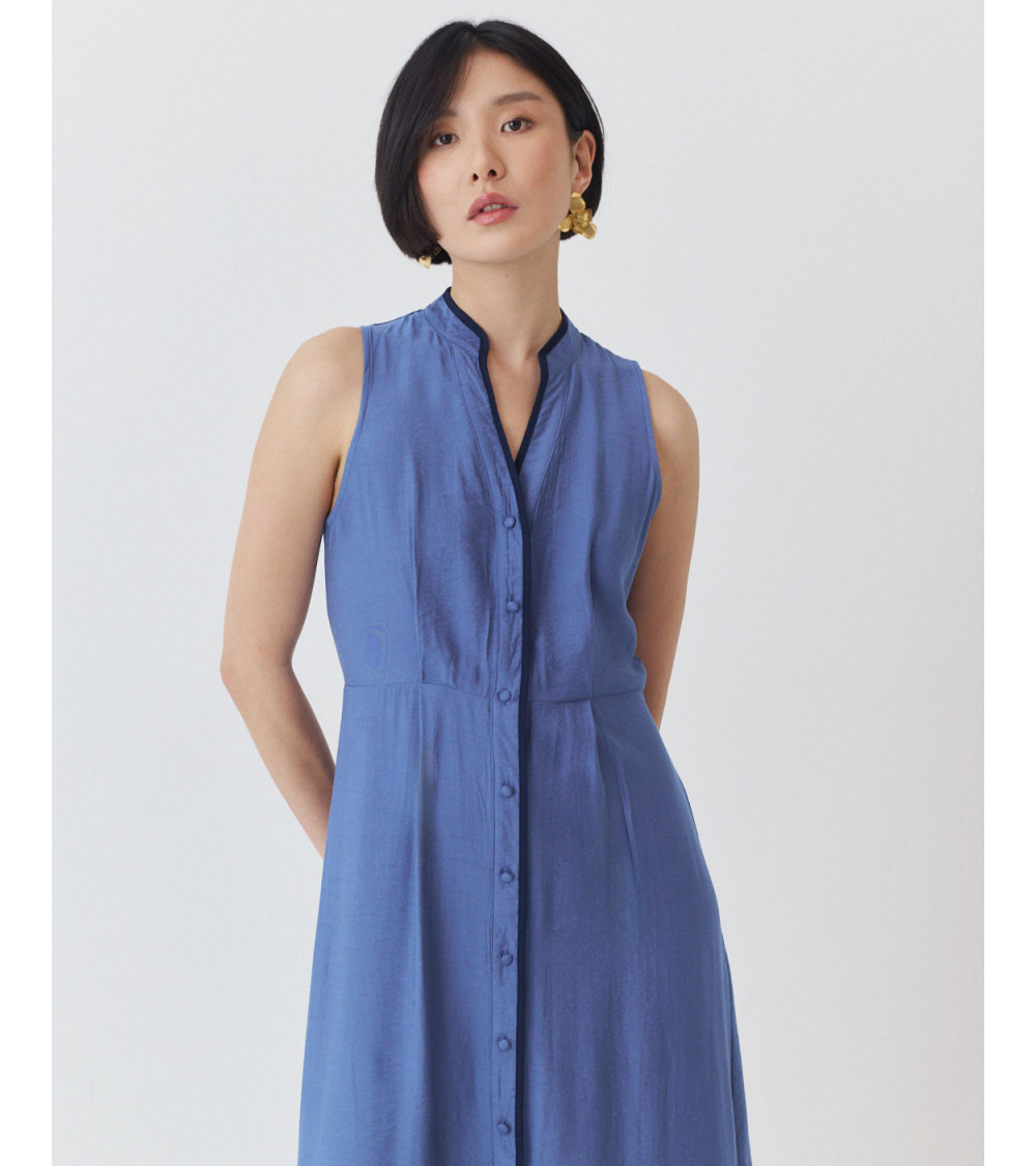 VESTIDO MIDI CON CUELLO MAO Y VIVO A CONTRASTE | MULAYA