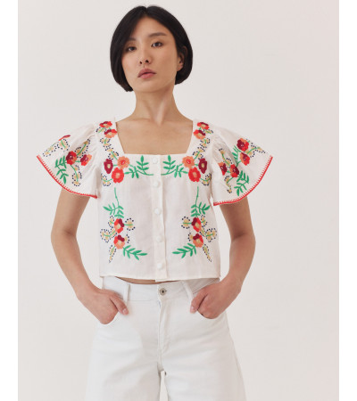 TOP DE ALGODÓN CON BORDADOS FLORALES Y VOLANTES | MULAYA