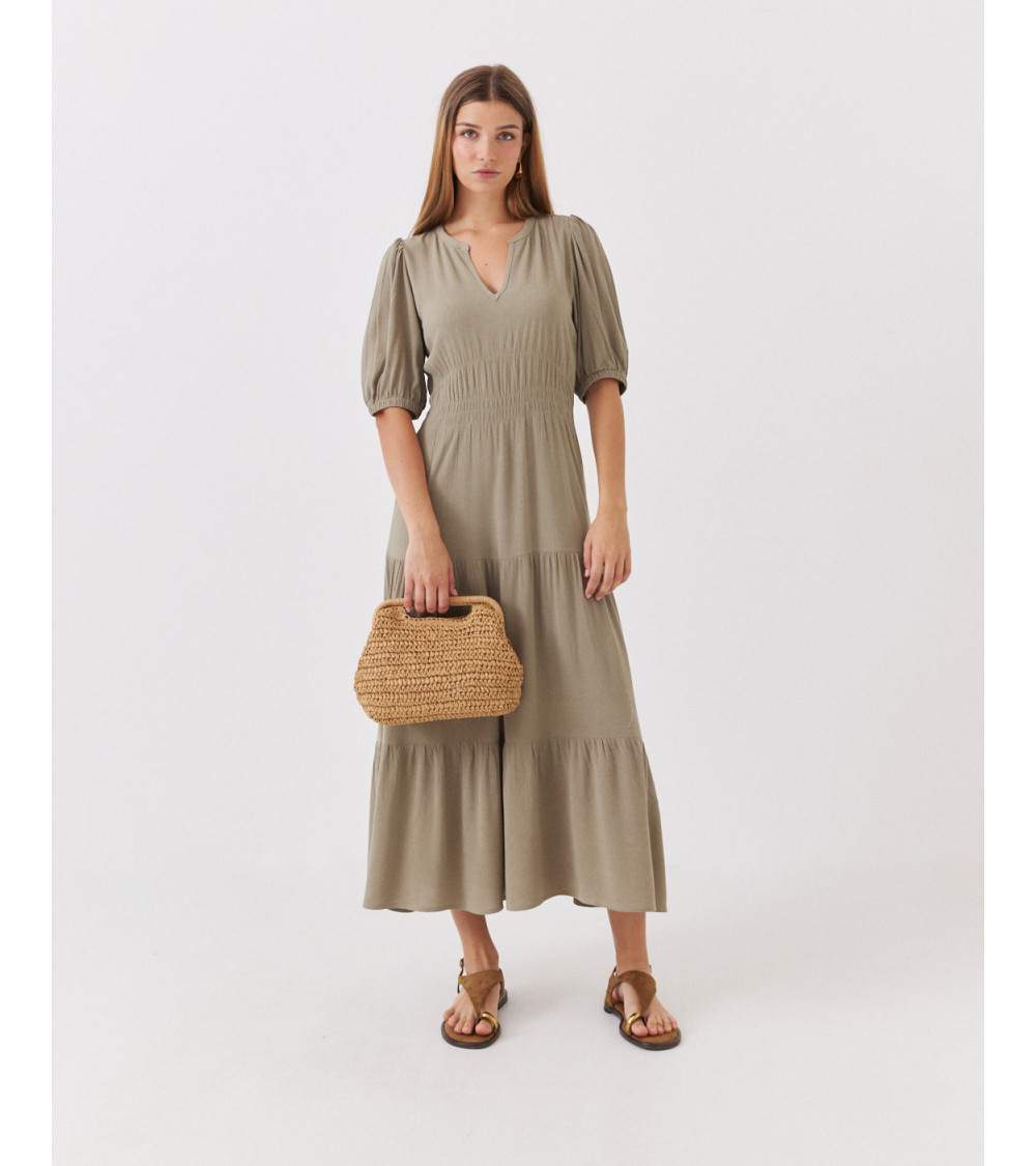 VESTIDO LARGO FRUNCES VOLANTES MUJER FLUIDO | MULAYA