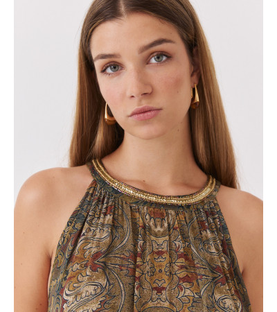 VESTIDO LARGO HALTER CON BORDADOS Y ESTAMPADO | MULAYA