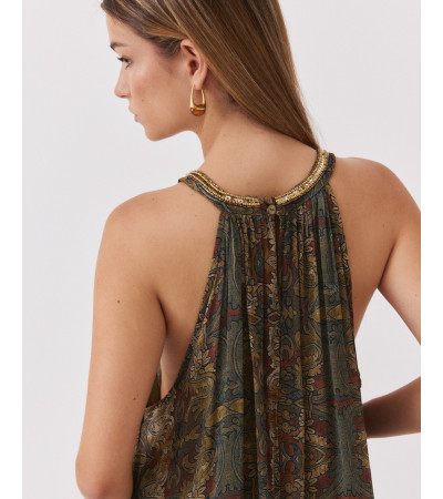 VESTIDO LARGO HALTER CON BORDADOS Y ESTAMPADO | MULAYA