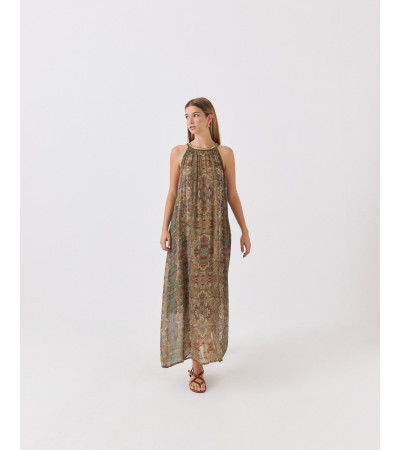VESTIDO LARGO HALTER CON BORDADOS Y ESTAMPADO | MULAYA