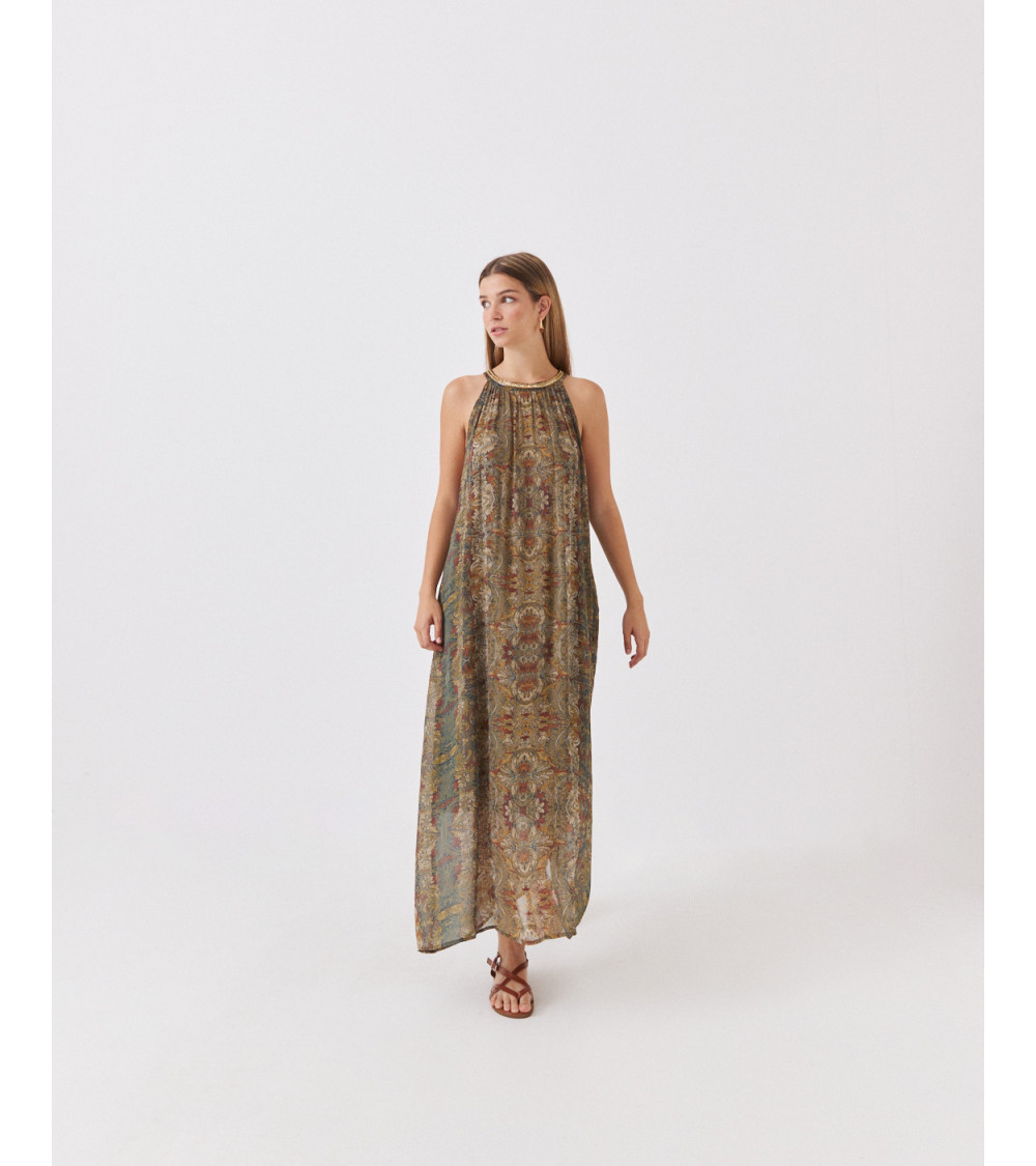 VESTIDO LARGO HALTER CON BORDADOS Y ESTAMPADO | MULAYA