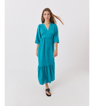 VESTIDO LARGO CON VOLANTES Y DETALLES BORDADOS | MULAYA