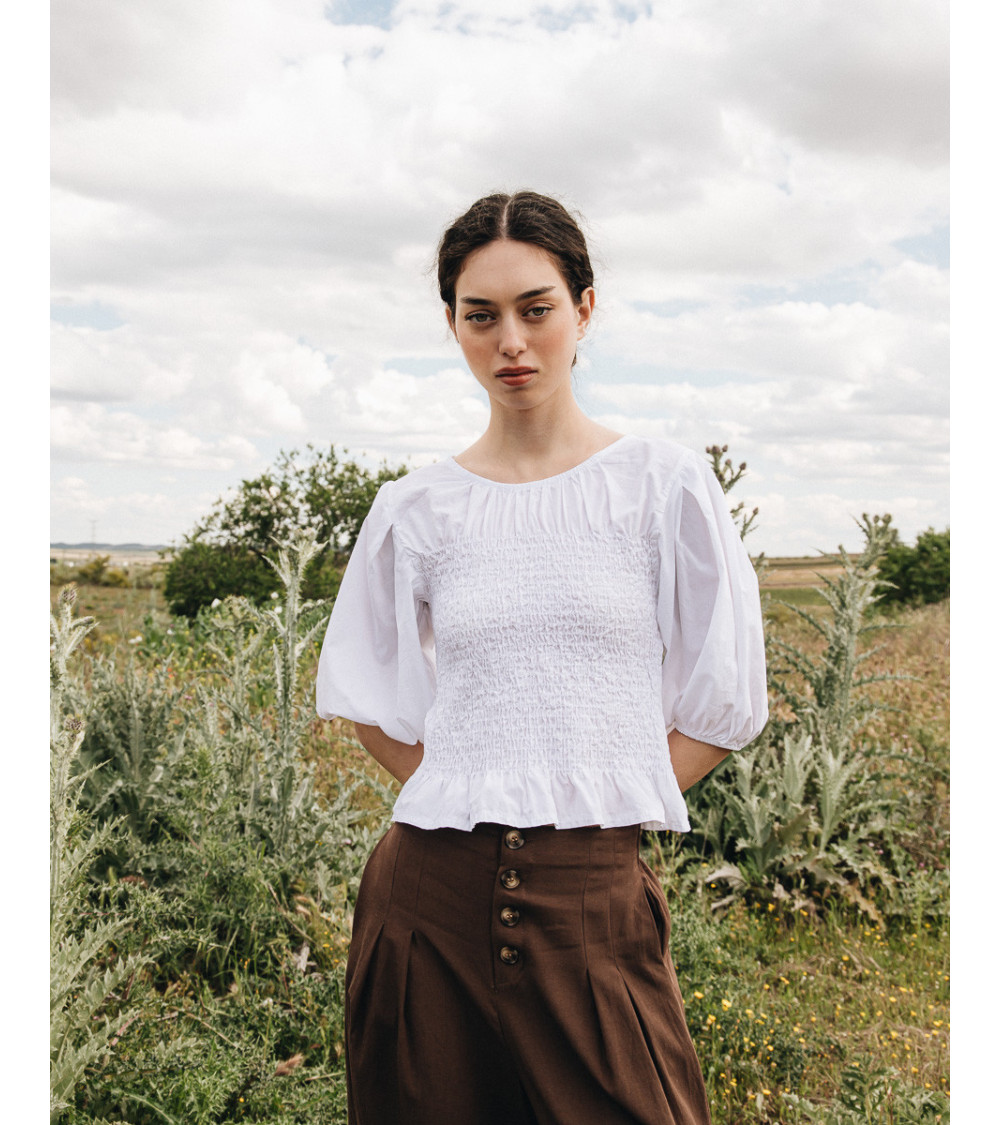 BLUSA NIDO DE ABEJA CON MANGA ABULLONADA | MULAYA