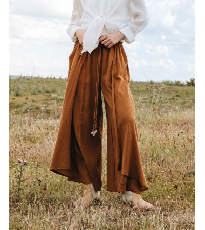 PANTALÓN PALAZZO CON VOLANTES EFECTO CAPA | MULAYA